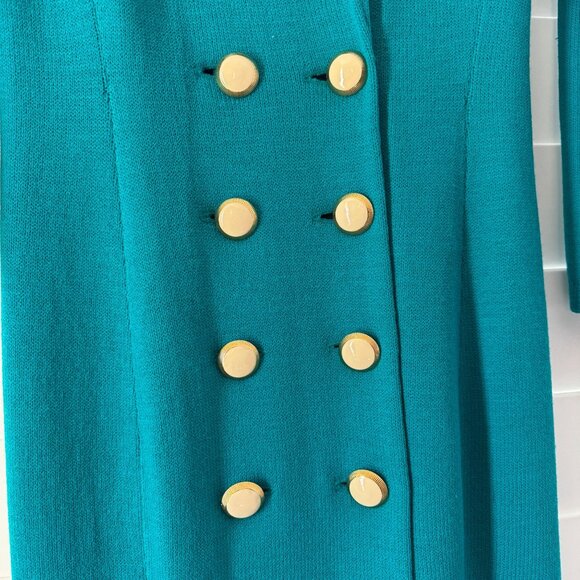 VTG St. John By Marie Gray Teal Knit Mid Dress Cream Collar & Gold Button, Sz 4 - Picture 3 of 7